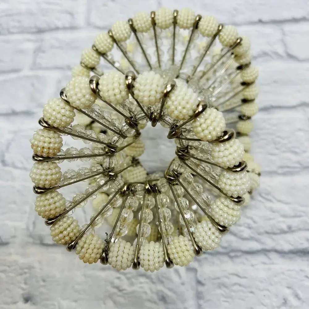 Vintage Handmade Beaded Safety Pin Basket Mid Century Pearl Silver 12